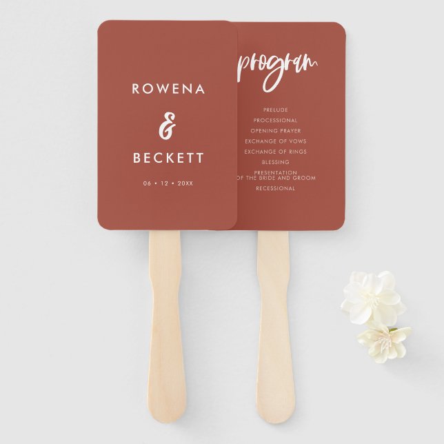 Modern elegant burnt brick wedding program hand fan (Front and Back)