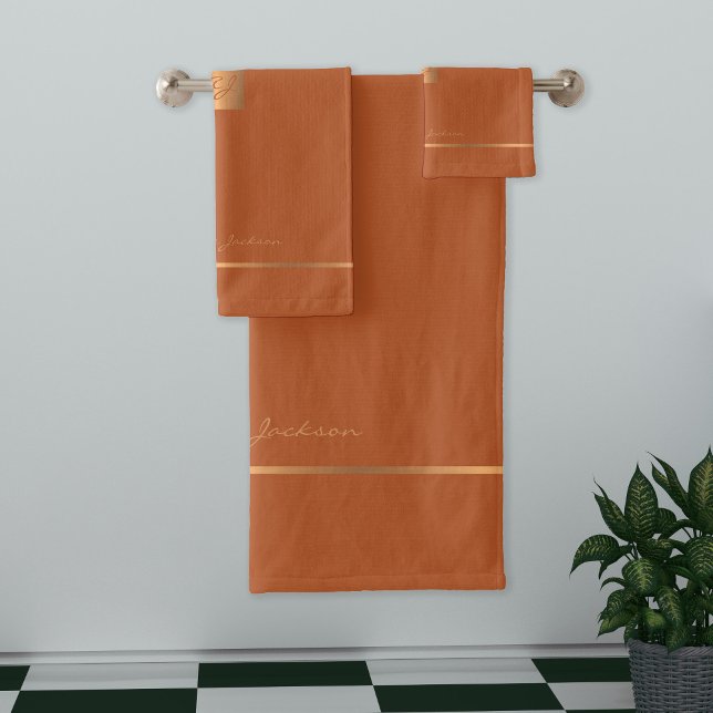 Modern elegant burnt orange monogrammed stripes bath towel set (Creator Uploaded)