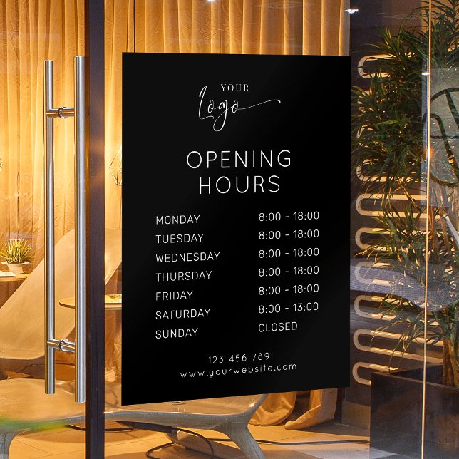 Modern Elegant Business Logo Black Opening Hours (Shop opening times window cling sign in black with space for your logo)