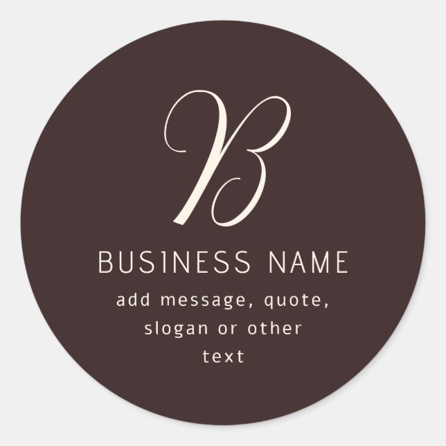 Modern Elegant Business Name Monogram | Dark Brown Classic Round Sticker (Front)