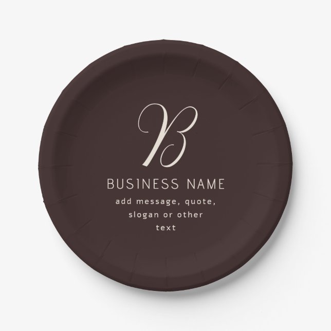 Modern Elegant Business Name Monogram | Dark Brown Paper Plate (Front)
