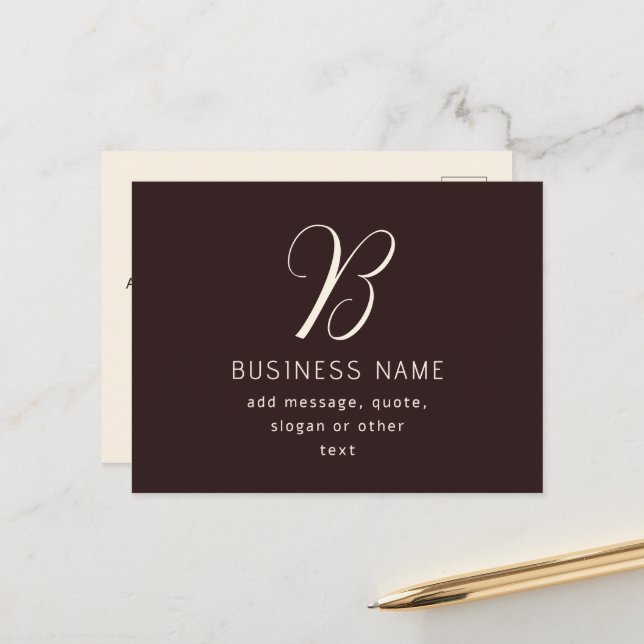 Modern Elegant Business Name Monogram | Dark Brown Postcard (Front/Back In Situ)