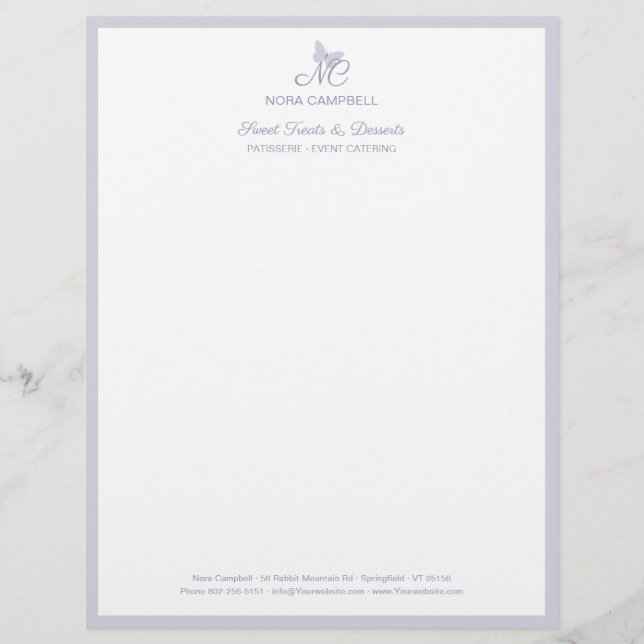 Modern Elegant Butterfly Monogram Lavender Border Custom Letterhead (Front)