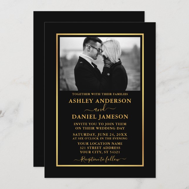 Modern Elegant BW Photo Gold Wedding Invitation (Front/Back)