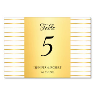 Modern Elegant Calligraphed Script Gold Striped Table Number