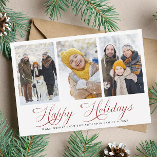 Modern Elegant Calligraphy 3 Photo Red             Holiday Card