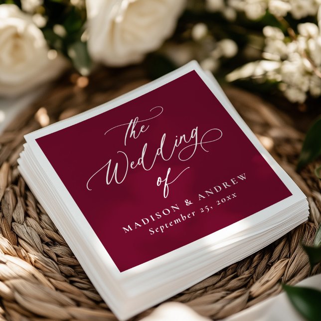 Modern Elegant Calligraphy Burgundy Wedding Napkin (Creator Uploaded)