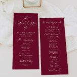 Modern Elegant Calligraphy Burgundy Wedding Program<br><div class="desc">This elegant wedding program features the phrase "The Wedding of" in beautiful white calligraphy set against a rich burgundy background, exuding sophistication and style. Personalise it with your names, wedding date, and ceremony details in bold white lettering for a stunning, customised touch. The reverse side includes the names of your...</div>
