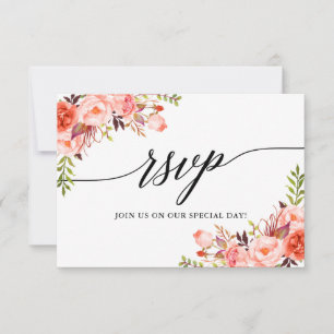 Modern Elegant Calligraphy Coral Floral Wedding RSVP Card
