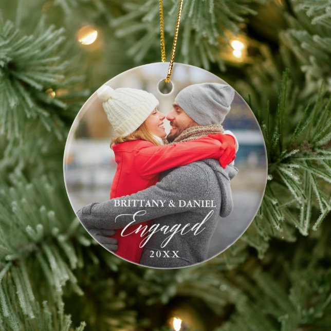 Modern Elegant Calligraphy Couple Photo Engaged Ceramic Ornament (Tree)