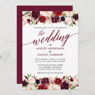 Modern Elegant Calligraphy Floral Burgundy Wedding Invitation