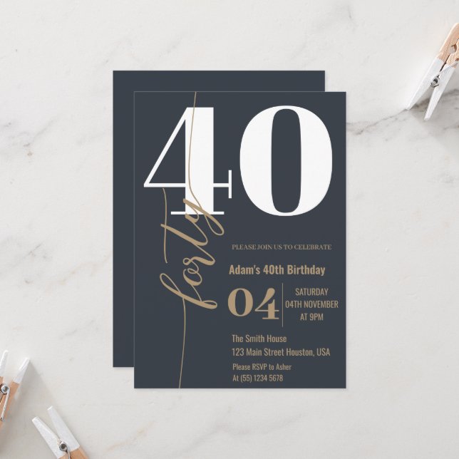 Modern Elegant Calligraphy FORTY 40th Birthday  Invitation (Front/Back In Situ)