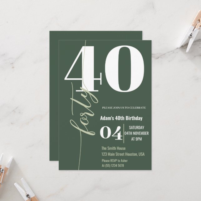 Modern Elegant Calligraphy FORTY 40th Birthday Invitation (Front/Back In Situ)