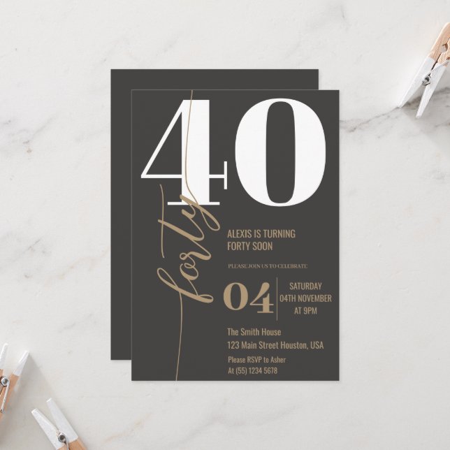 Modern Elegant Calligraphy FORTY 40th Birthday  Invitation (Front/Back In Situ)