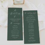 Modern Elegant Calligraphy Green Wedding Program<br><div class="desc">Celebrate your special day in style with this elegant wedding program, featuring "The Wedding of" in beautiful white calligraphy against a rich dark green background. Customise it with your names, wedding date, and ceremony details in bold white lettering for a personal touch. The reverse side offers space to showcase the...</div>