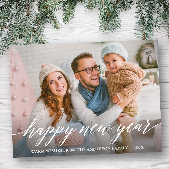 Modern Elegant Calligraphy Happy New Year Photo Postcard (Customize to change your personalized text size or text style.)