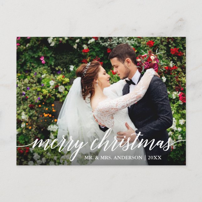 Modern Elegant Calligraphy Merry Christmas Wedding Postcard (Front)
