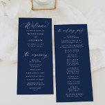 Modern Elegant Calligraphy Navy Wedding Program<br><div class="desc">This wedding program features elegant white calligraphy on a rich navy background, creating a modern and sophisticated design that sets the tone for your ceremony. Couples can personalise the program with their names, wedding date, and ceremony details in bold white lettering, ensuring a clear and stylish presentation. The reverse side...</div>