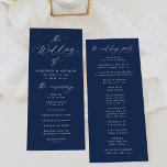 Modern Elegant Calligraphy Navy Wedding Program<br><div class="desc">This elegant wedding program features the phrase "The Wedding of" in graceful white calligraphy set against a sophisticated navy background. Personalise it with your names, wedding date, and ceremony details in bold white lettering, creating a striking and organised presentation for your guests. The program reverses to display the names of...</div>