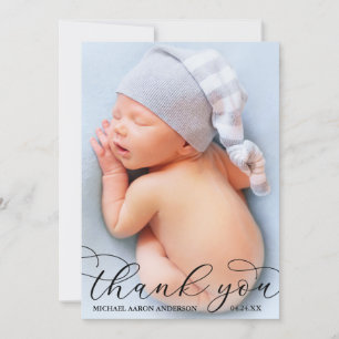 Modern Elegant Calligraphy New Baby Photo B Thank You Card