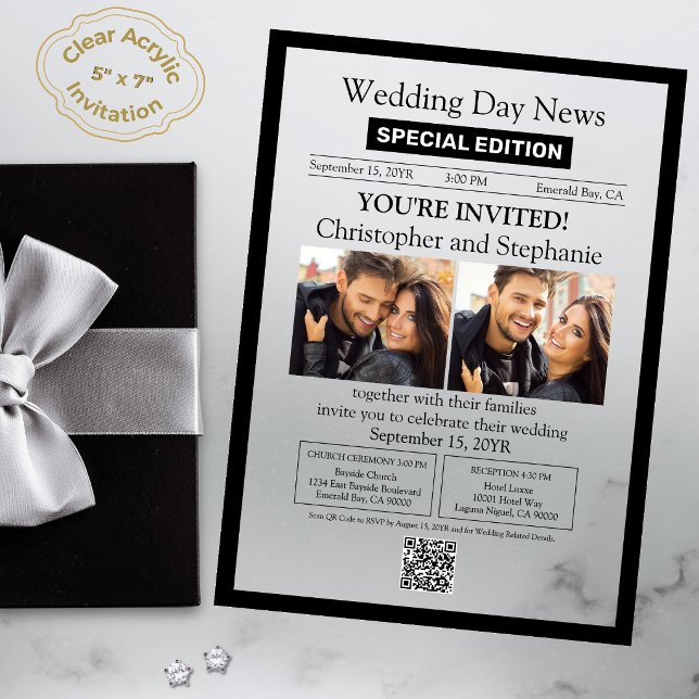 Modern Elegant Calligraphy Newspaper Wedding Acrylic Invitations (Elegant Chic Modern Black Typography All Season Newspaper Style Acrylic Wedding Invitation)