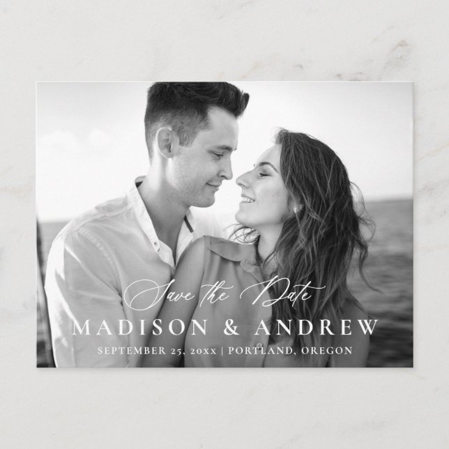 Modern Elegant Calligraphy Photo Save the Date Announcement Postcard (Front)