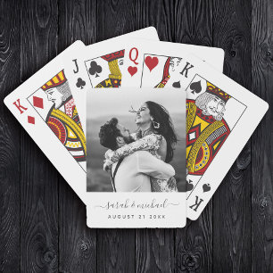 Modern Elegant Calligraphy Photo Wedding Guest Playing Cards