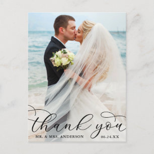 Modern Elegant Calligraphy Photo Wedding Thank You Postcard