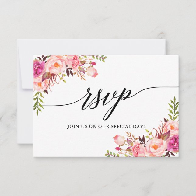 Modern Elegant Calligraphy Pink Floral Wedding RSVP Card (Front)