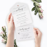 Modern Elegant Calligraphy Rose Gold Heart Wedding All In One Invitation<br><div class="desc">These stylish simple all in one wedding invitations include it all in one convenient package. All wedding information and tear off rsvp with details in trendy swirly script calligraphy and modern typography alongside an elegant printed rose gold heart.</div>
