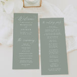 Modern Elegant Calligraphy Sage Green Wedding Program<br><div class="desc">Create a lasting impression with this elegant wedding program featuring graceful white calligraphy on a serene sage green background. Perfect for weddings of any season, this versatile design suits both formal and casual celebrations. The program can be personalised with the couple’s names, wedding date, and ceremony details in bold white...</div>