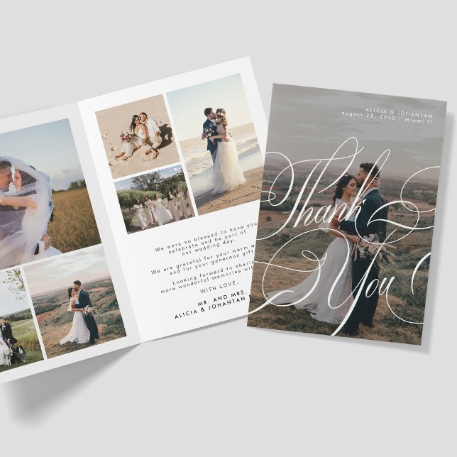Modern elegant calligraphy script 8 photo wedding thank you card (Creator Uploaded)