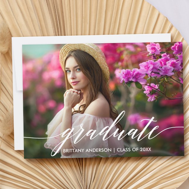 Modern Elegant Calligraphy Script Graduate Photo Announcement (Customize to add text to back of card.)