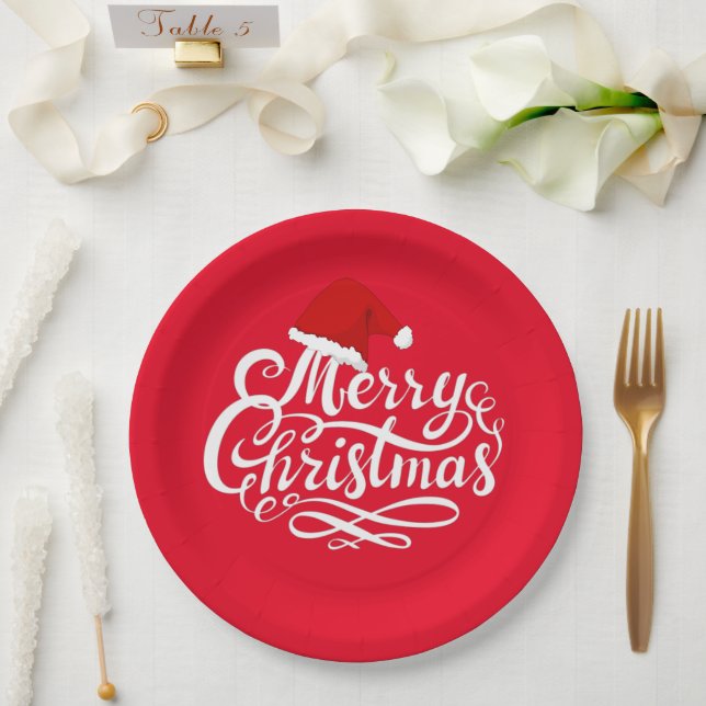 Modern elegant calligraphy text santa hat red  paper plate (Wedding)