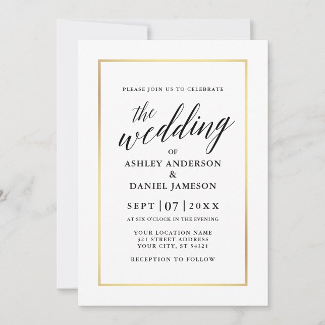 Modern Elegant Calligraphy Wedding Black and Gold Invitation (Front)