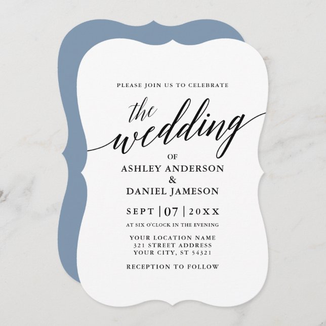 Modern Elegant Calligraphy Wedding Dusty Blue Invitation (Front/Back)