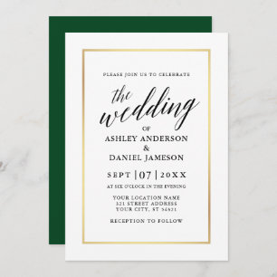Modern Elegant Calligraphy Wedding Green Gold Invitation