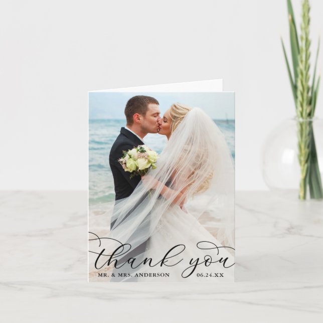 Modern Elegant Calligraphy Wedding Photo Note B Thank You Card (Front)