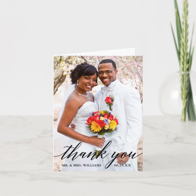 Modern Elegant Calligraphy Wedding Photo Note Thank You Card (Front)