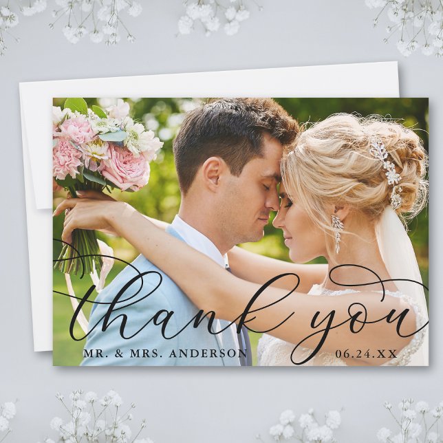 Modern Elegant Calligraphy Wedding Photo Thank You Card (Customize to add text or more photos to back of card.)