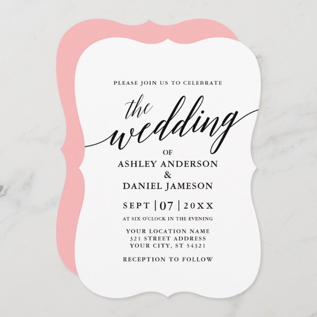 Modern Elegant Calligraphy Wedding Pink Back Invitation (Front/Back)