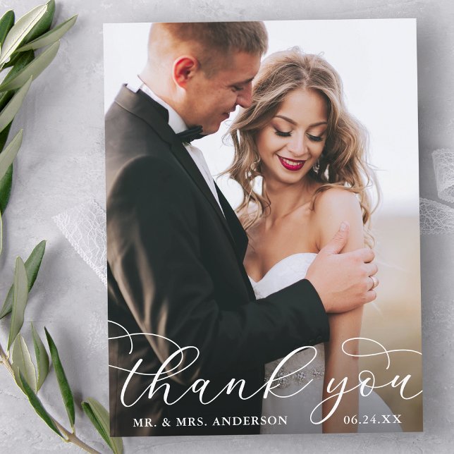 Modern Elegant Calligraphy Wedding Thank You Photo Postcard (Customize to change your personalized text size or text style.)