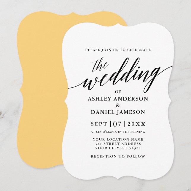 Modern Elegant Calligraphy Wedding Yellow Invitation (Front/Back)
