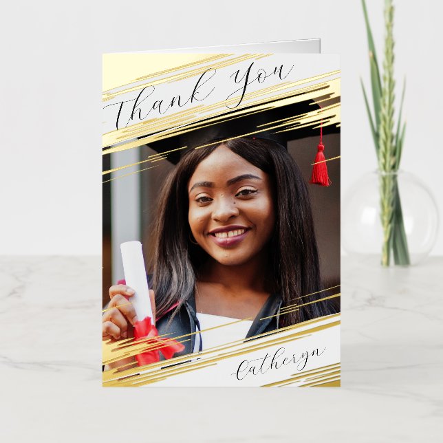 Modern Elegant Chic Add Photo Graduation Thank You Foil Holiday Card (Front)