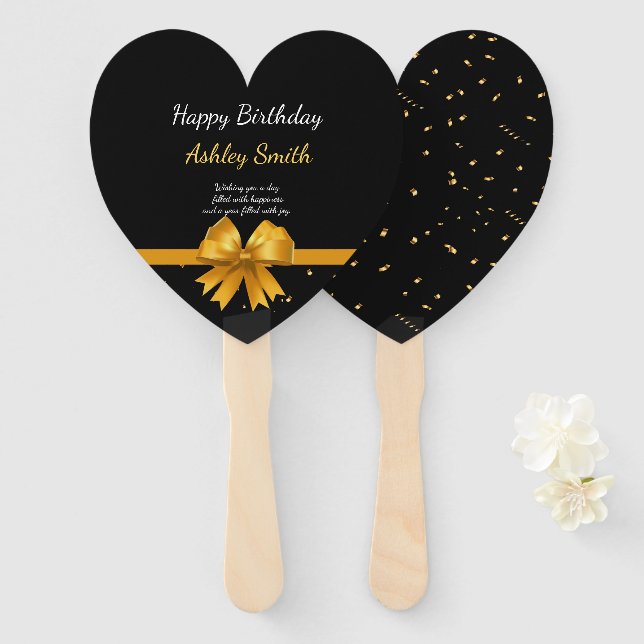 Modern elegant chic black and gold sweet 16 hand f fan (Front and Back)