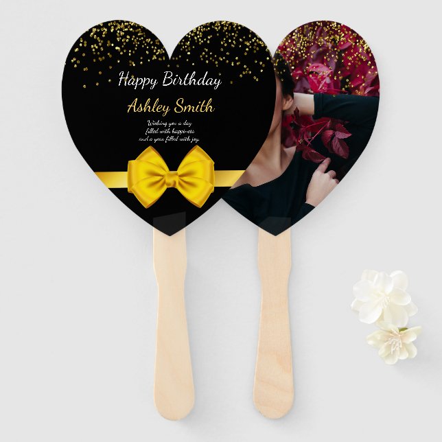 Modern elegant chic black and gold sweet 16 hand f fan (Front and Back)