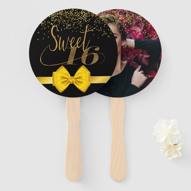 Modern elegant chic black and gold sweet 16 hand f hand fan (Front and Back)