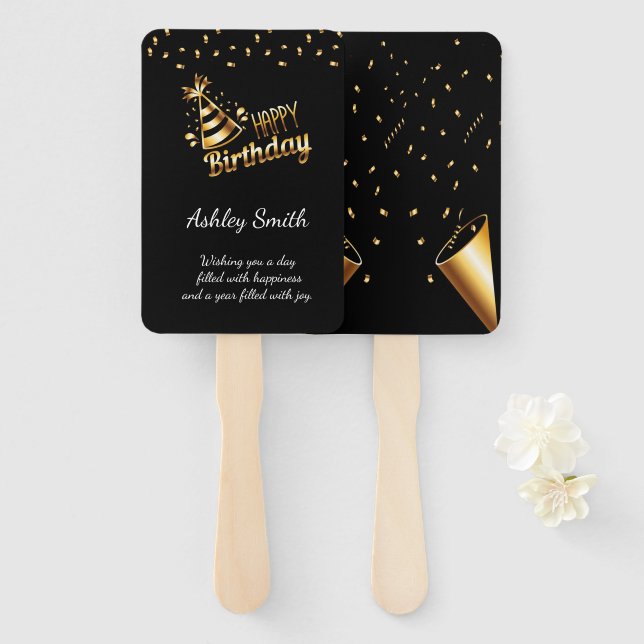 Modern elegant chic black and gold sweet 16 hand fan (Front and Back)