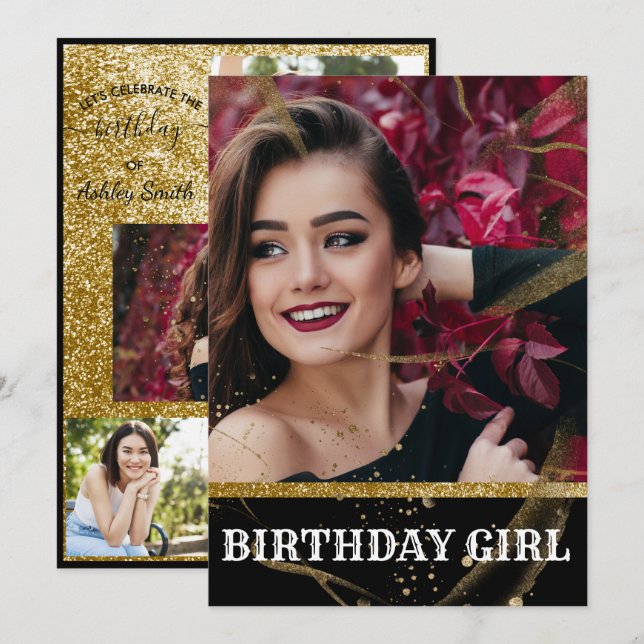 Modern elegant chic black and gold sweet 16 invita invitation (Front/Back)