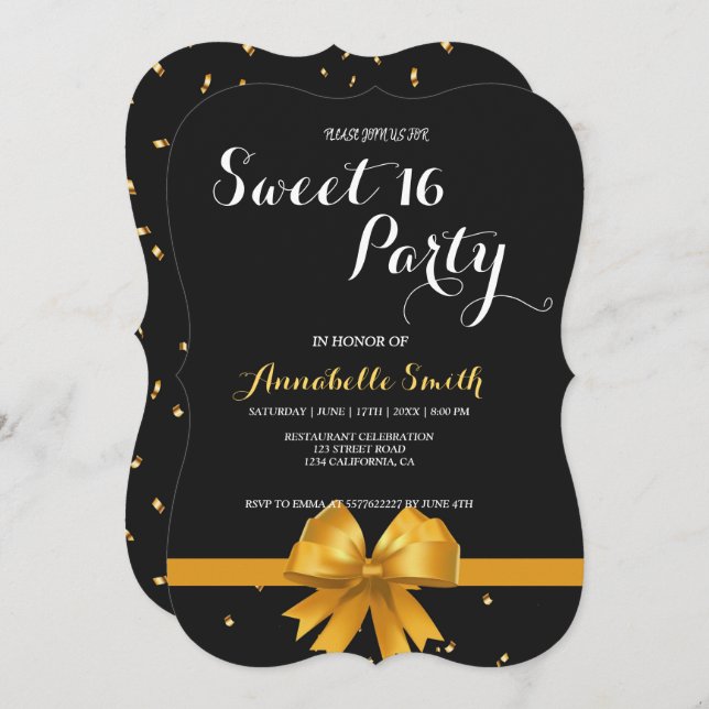 Modern elegant chic black and gold sweet 16 invitation (Front/Back)